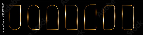 Golden thin frame in art deco style on a black background, Minimalistic vector arch geometric figure shining glare.