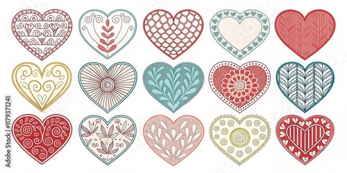 A delightful collection of twelve intricately designed hearts, each showcasing unique patterns and styles for creative projects