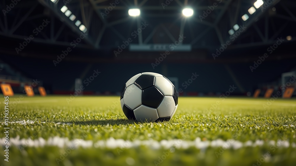 Fototapeta premium Peaceful Black and White Pentagon Soccer Ball on Green Field - AI Photo