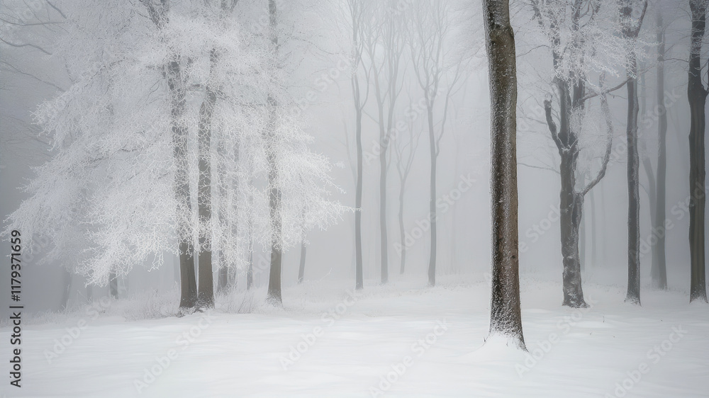 Fototapeta premium Winter Tranquility Envelops a Forest of Whispering Trees Blanketed in Soft, Pristine Snow
