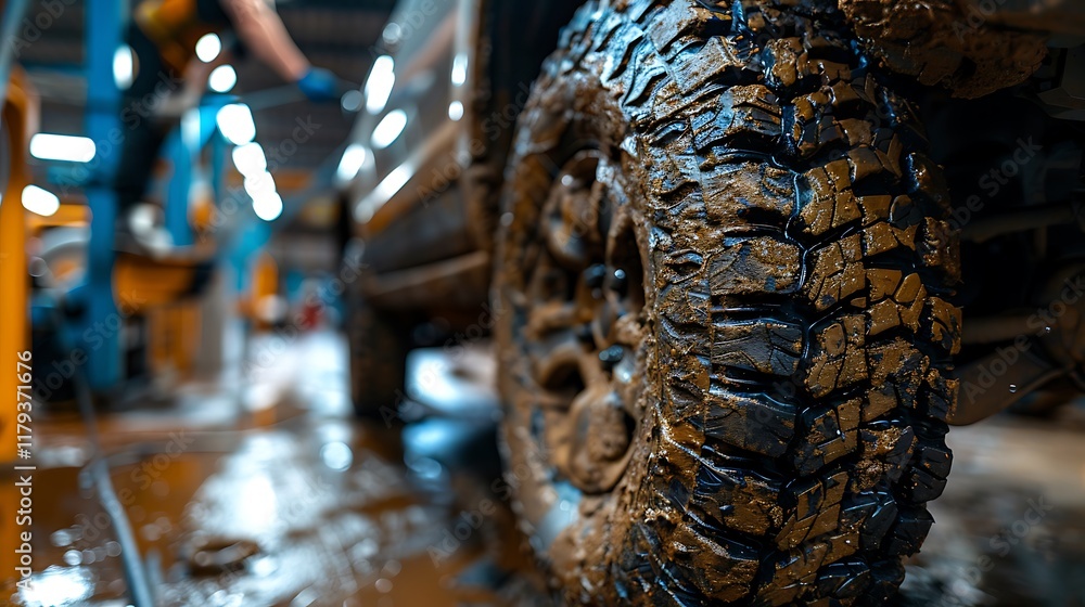 A Mechanic Holding a Dirty Wheel in a Busy Garage Scene
