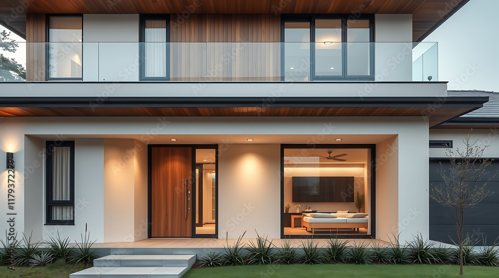 Fototapeta premium Modern House Exterior with Wood Accents and Large Windows