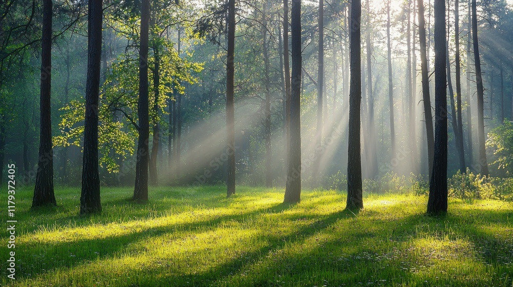 Obraz premium Sunbeams Dancing Through Misty Forest