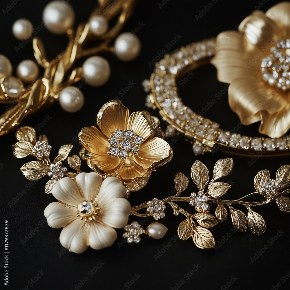 Naklejka premium 黒バックに金色の石のネックレスと金のキラキラ