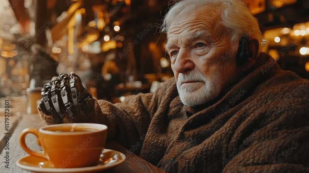 An elderly man sits quietly in a cafe, savoring his coffee while reflecting on life, his robotic hand resting gently on the table beside him. An elderly man sits quietly in a cafe, savoring his coffee while reflecting on life, his robotic hand resting gently on the table beside him.