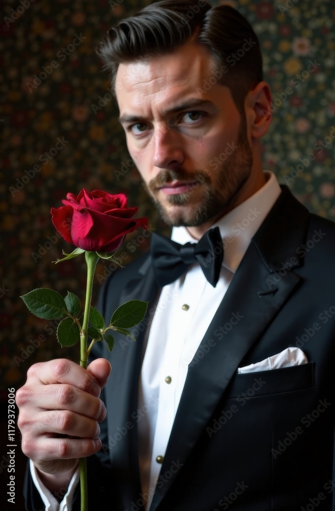 brutal man in suit and white shirt holding red rose in hand, close-up, valentine's day, birthday, wedding brutal man in suit and white shirt holding red rose in hand, close-up, valentine's day, birthday, wedding
