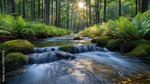 Serene Forest Stream at Sunrise: A Tranquil Scene in Nature