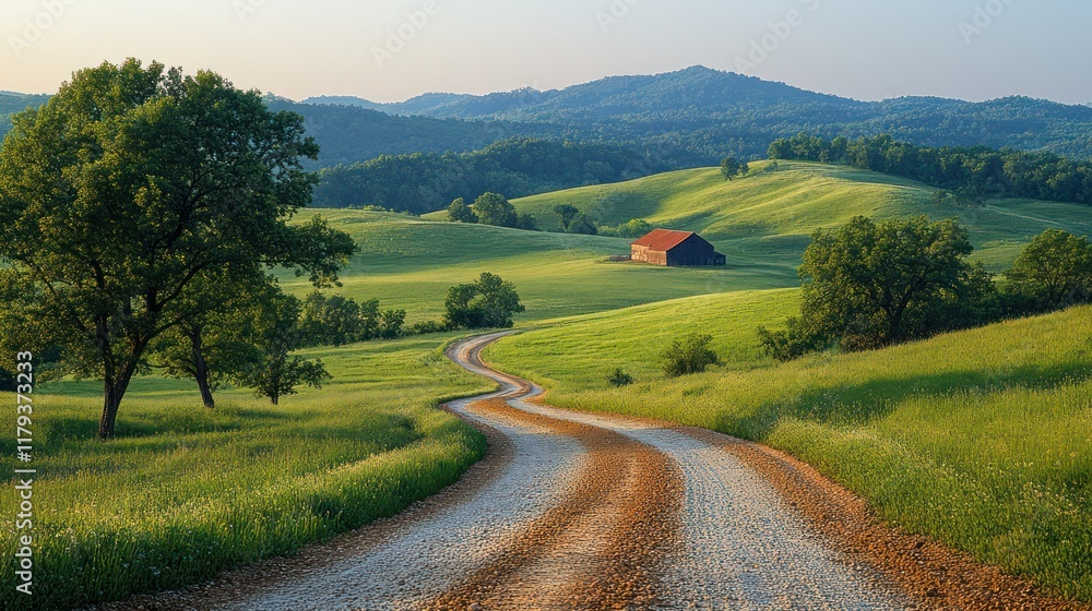 Obraz premium Serene Countryside: Winding Road, Rolling Hills, and Rustic Barn