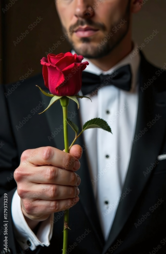 brutal man in suit and white shirt holding red rose in hand, close-up, valentine's day, birthday, wedding brutal man in suit and white shirt holding red rose in hand, close-up, valentine's day, birthday, wedding