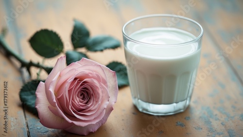 A glass of milk and a pink rose on a wooden table.