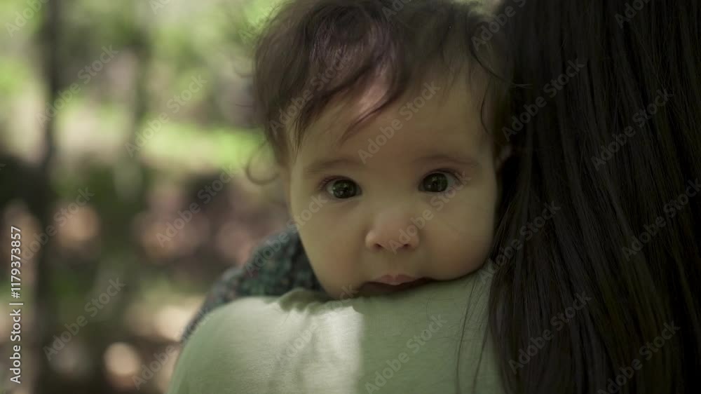 Curious baby girl observing her surroundings in a serene forest, slow motion Curious baby girl observing her surroundings in a serene forest, slow motion