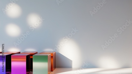 A row of colorful cubes with a metallic finish.