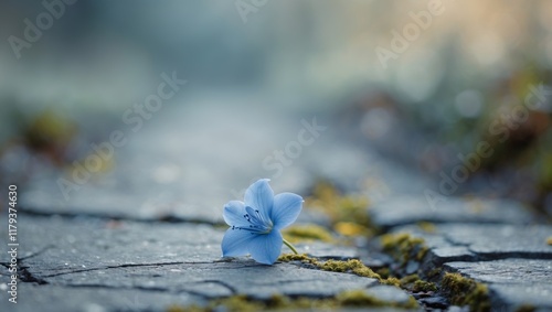 A single blue flower sitting on a cobblestone road photo