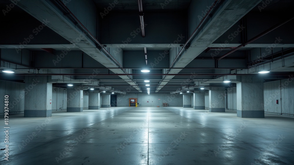 A gleaming concrete parking garage floor with radiant white lights illuminating its polished squares, creating an inviting oasis in the heart of a bustling city A gleaming concrete parking garage floor with radiant white lights illuminating its polished squares, creating an inviting oasis in the heart of a bustling city