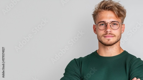 Young man in green sweater with glasses on gray background