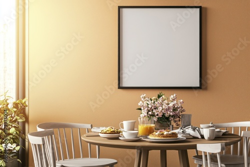 Minimalist dining room with round table, Scandinavian chairs, spring flowers, and blank poster frame on an earth-toned wall, bathed in light.