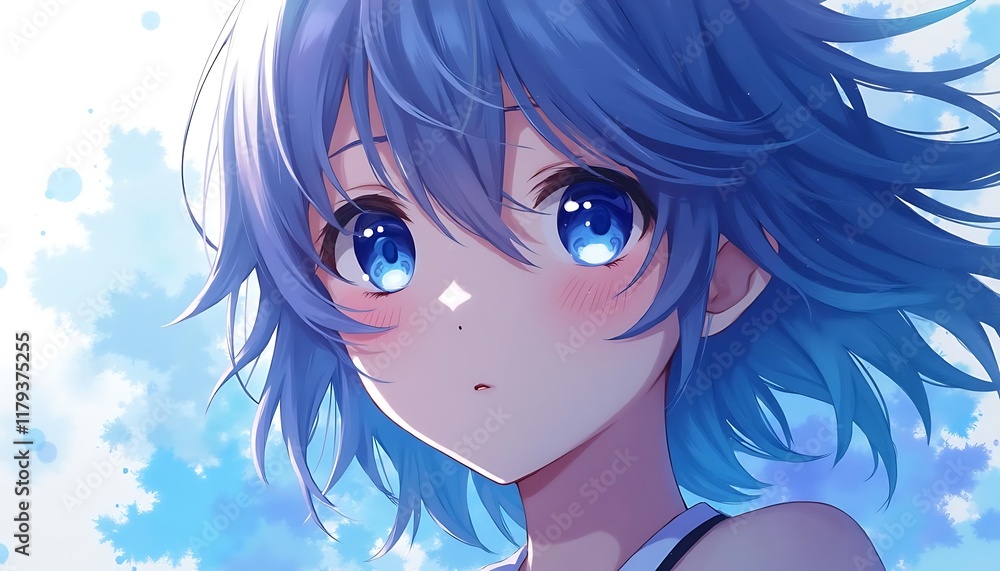 Fototapeta premium Blue-Haired Anime Girl: A Serene Portrait