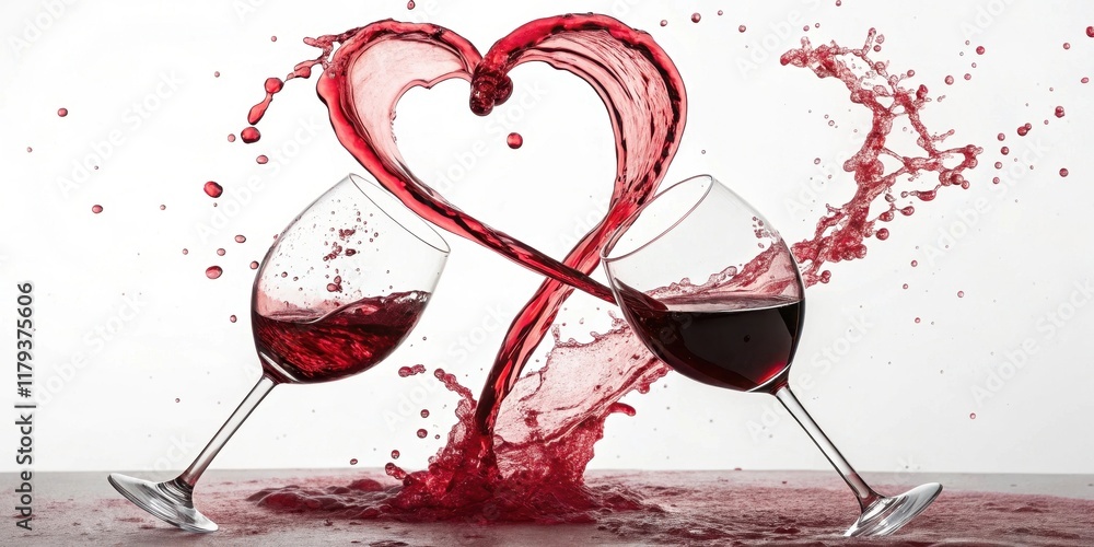 Fototapeta premium Red wine splashing in a heart shape between two glasses