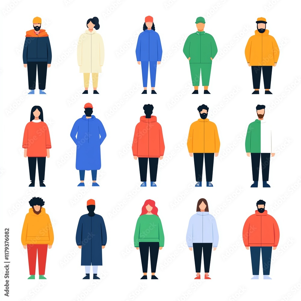 A colorful illustration of diverse characters in various outfits, showcasing different styles, gender representations, and unique poses in a grid format. A colorful illustration of diverse characters in various outfits, showcasing different styles, gender representations, and unique poses in a grid format.