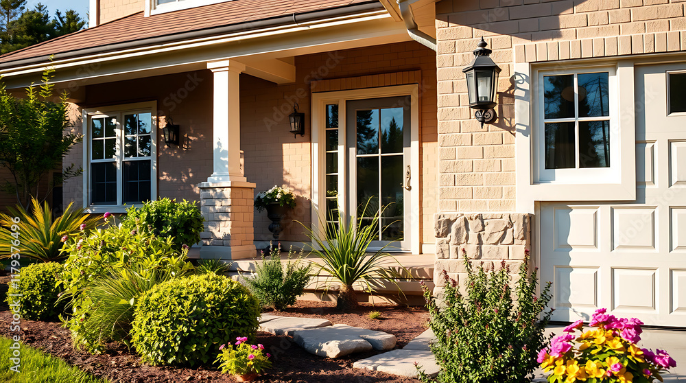 Fototapeta premium Tan brick house exterior with landscaping, featuring a light-colored front door, windows, and garage door. The porch has white columns and is accented by various shrubs and flowers.