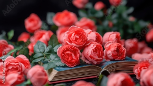 Beautiful arrangement of pink roses surrounding an open book on a dark surface, creating a soft and romantic atmosphere
