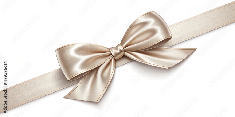 Fototapeta premium Elegant champagne satin ribbon bow with thin gold trim on white background