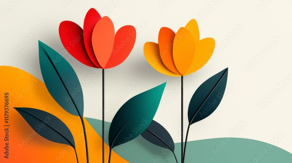 Fototapeta premium Colorful Paper Flowers with Green Leaves Against Soft Background