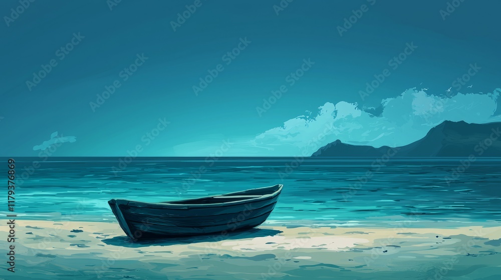 Naklejka premium Tranquil Seaside Scene Featuring a Lone Boat on a Calm and Serene Beach with Stunning Ocean Views