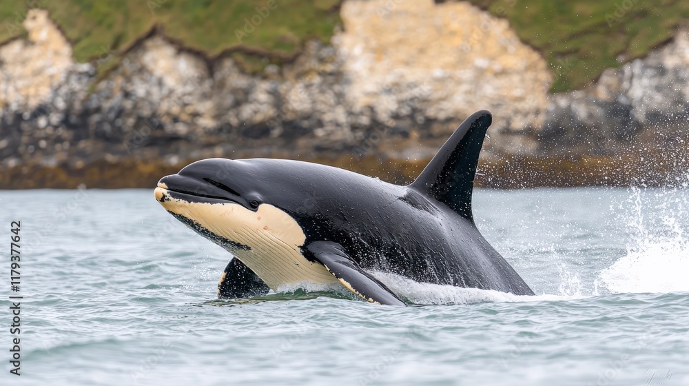 Fototapeta premium Majestic Orca Breaching the Surface of Calm Waters with a Scenic Coastal Background
