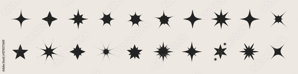 Glowing particles glare silhouettes, Sparkles flares icons y2k, Vector illustration. Glowing particles glare silhouettes, Sparkles flares icons y2k, Vector illustration.