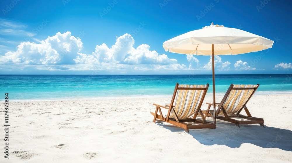 A serene beach scene with two lounge chairs under an umbrella by the ocean. A serene beach scene with two lounge chairs under an umbrella by the ocean.