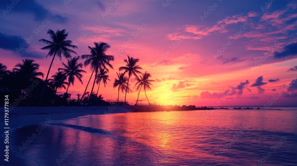 A serene beach sunset with palm trees and vibrant colors reflecting on the water. A serene beach sunset with palm trees and vibrant colors reflecting on the water.