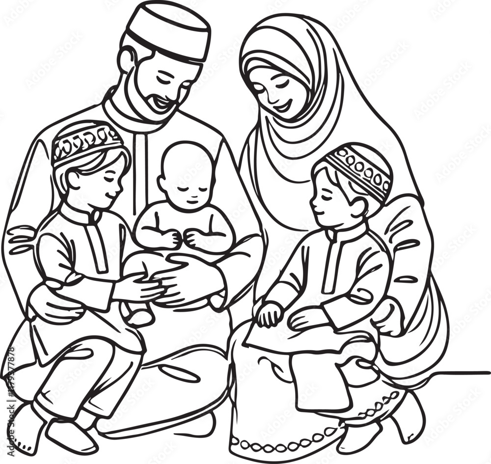 Fototapeta premium Modern Islamic Family Vector Illustration in Line Art