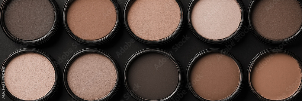 Mocha mousse, brown palette of neutral eye shadow shades in round containers arranged neatly, top view Mocha mousse, brown palette of neutral eye shadow shades in round containers arranged neatly, top view