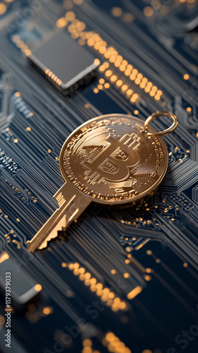 Golden key unlocking a digital vault with bitcoin logo