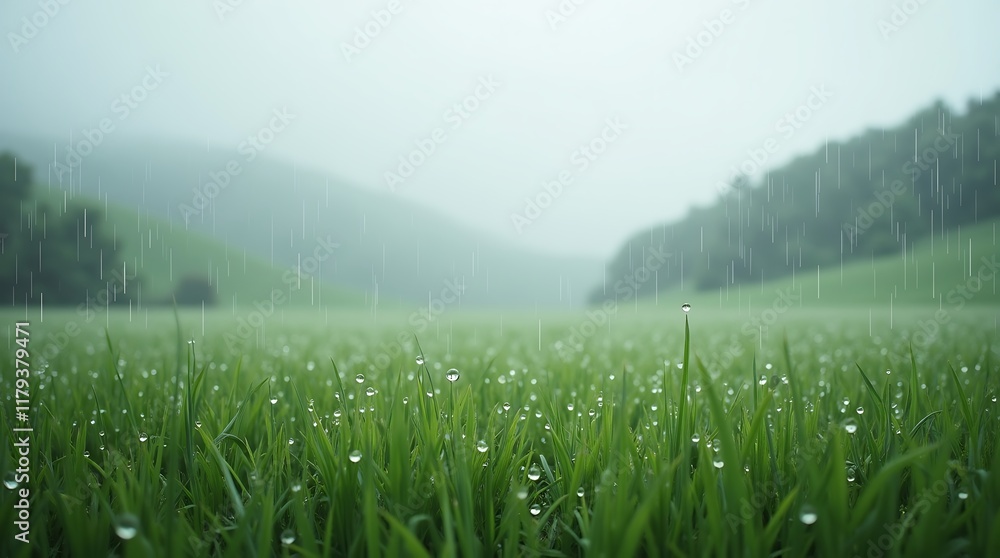 Fototapeta premium Rainy Day in the Verdant Meadow: Nature's Serene Embrace