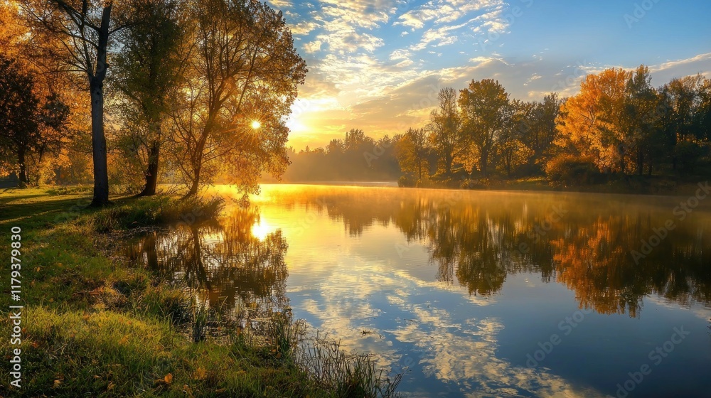 Fototapeta premium Autumn Sunrise Lake Reflection