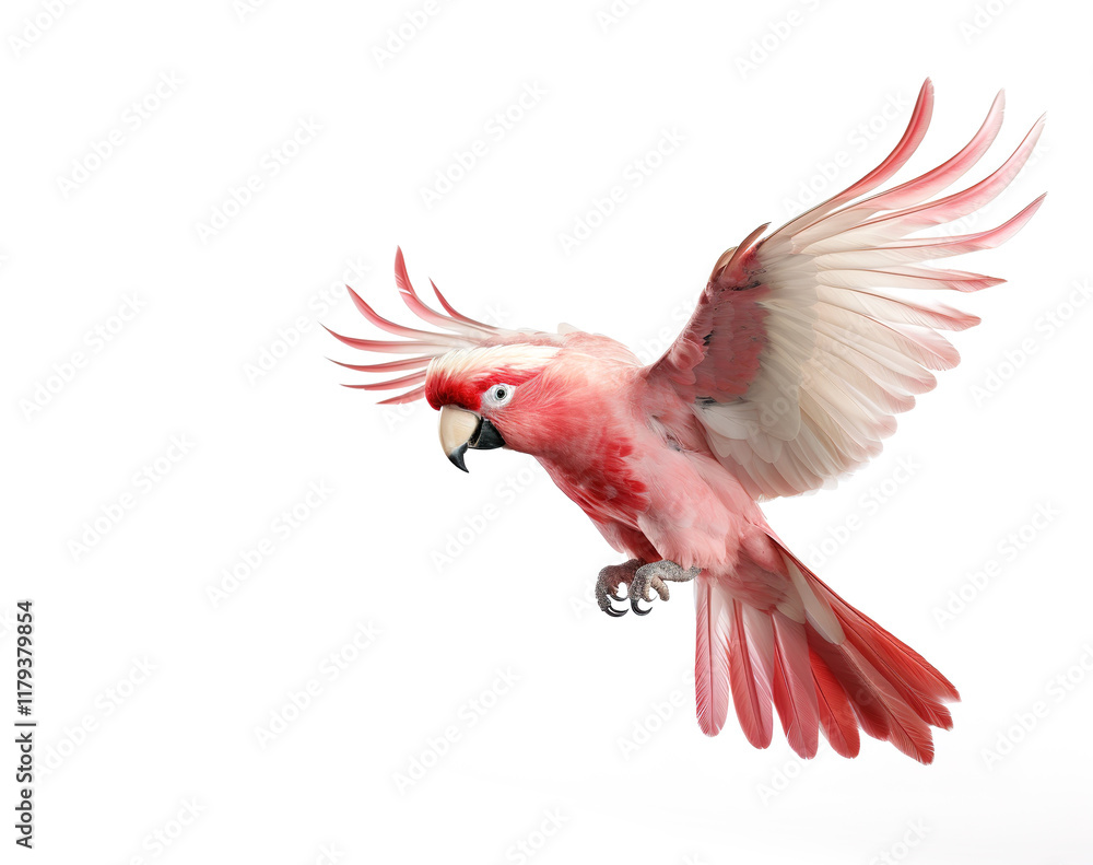 Obraz premium A majestic pink cockatoo soars through the air with its wings outstretched against a clean white background, Birds, Wildlife Animals.