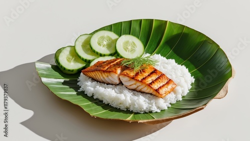 Delicious Grilled Fish with Rice and Cucumber Slices Served on Banana Leaf Plate photo