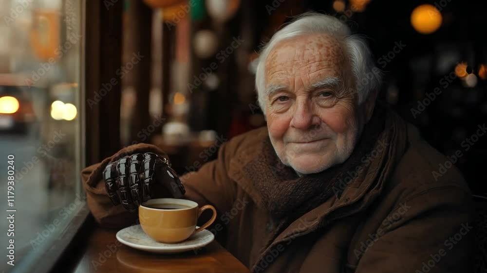 The elderly gentleman sips his coffee, gazing thoughtfully out the cafe window as the winter light filters in, casting a warm glow around him. The elderly gentleman sips his coffee, gazing thoughtfully out the cafe window as the winter light filters in, casting a warm glow around him.