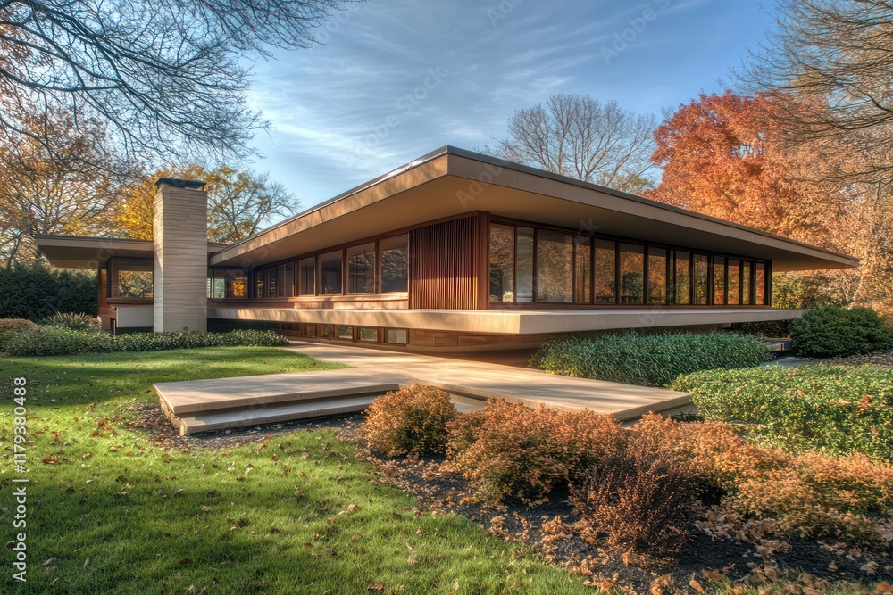 A flat-roofed mid-century modern home with a dramatic cantilevered design and minimalist landscaping A flat-roofed mid-century modern home with a dramatic cantilevered design and minimalist landscaping