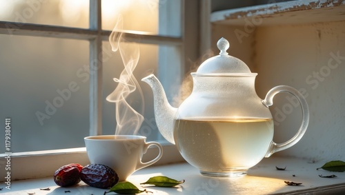 Elegant Glass Teapot with Tea and Dates on a Sunlit Window Sill. photo