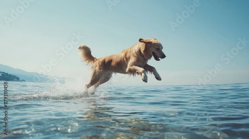Fototapeta Naklejka Na Ścianę i Meble -  Golden Retriever dog jumping into sea