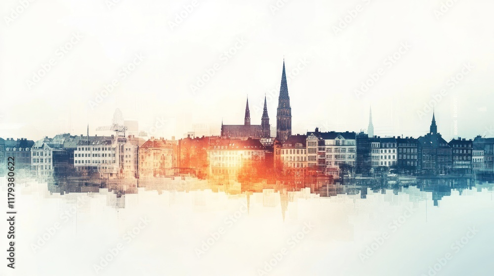 Naklejka premium A serene cityscape reflecting on water, featuring spires and buildings in soft colors.