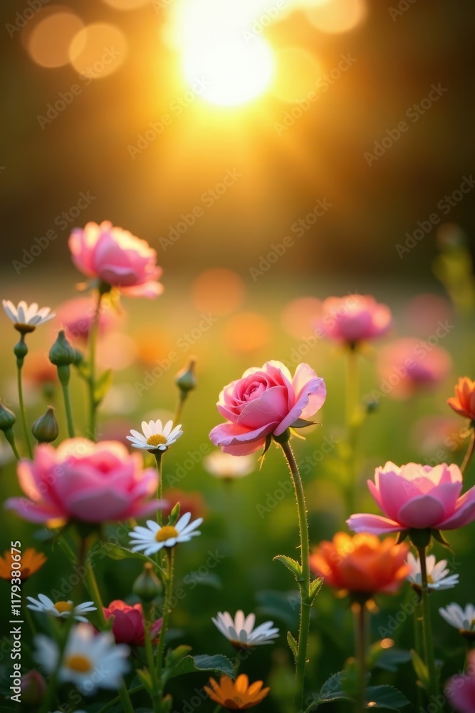Delicate roses and daisies unfurl petals in an English meadow at sunrise, roses, flowers Delicate roses and daisies unfurl petals in an English meadow at sunrise, roses, flowers