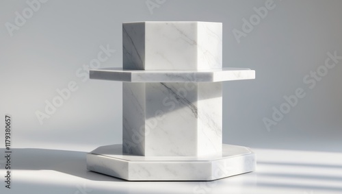 Elegant White Marble Octagonal Display Stand Two Tiered Modern Design.