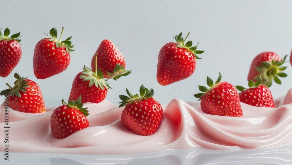 Fresh Strawberries in Creamy Pink Yogurt Swirl on White Surface. Fresh Strawberries in Creamy Pink Yogurt Swirl on White Surface.