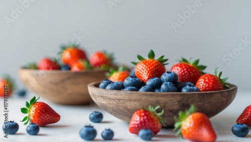 Fresh strawberries and blueberries in wooden bowls.