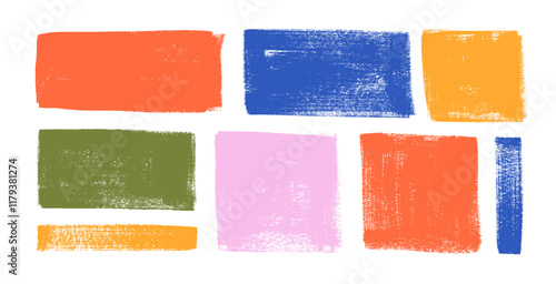 Hand drawn colorful grunge brush strokes, rectangles and squares shapes. Abstract texture frames for text and highlight. Hand drawn thick grunge brush strokes. Vector black paint geometric shapes.