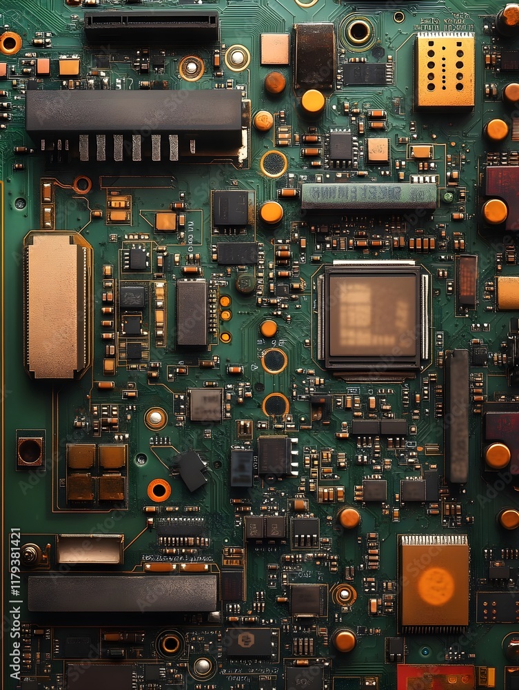 Fototapeta premium A cross-section of a computer motherboard with labeled chips and connections.